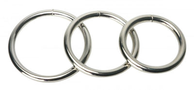 Master Series Trine steel cock ring set: three polished stainless steel rings, 1.53, 1.82 and 2.05 in inner diameter