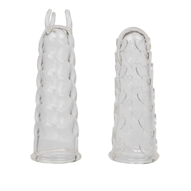CalExotics Intimate Play Finger Teasers: two clear textured finger sleeves, one with ridges and ears, one with hearts