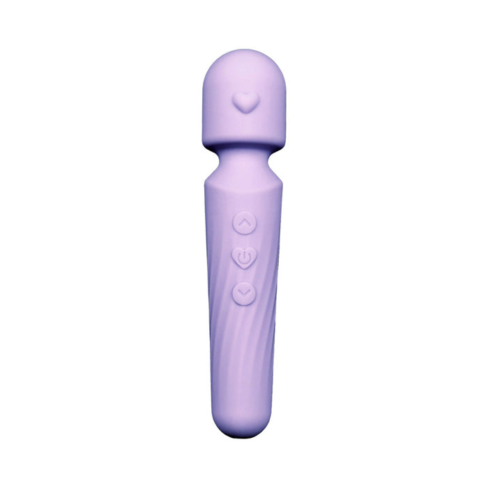 Adam & Eve Lilac Love Wand: lilac silicone wand vibrator with a heart on the head and heart-shaped buttons