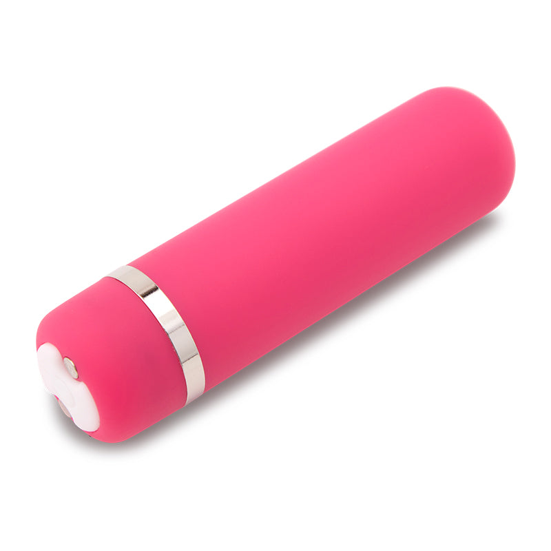 Nu Sensuelle Joie bullet in pink: rechargeable silicone bullet vibrator with a chrome band