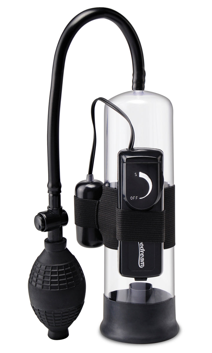 Pump Worx Beginners Vibrating Pump: clear penis pump cylinder with a bulb hand pump and a strapped-on bullet vibrator