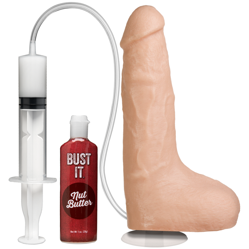 Doc Johnson Bust It 8.5 in squirting dildo in a light skin tone with balls, syringe, tube and Nut Butter fluid