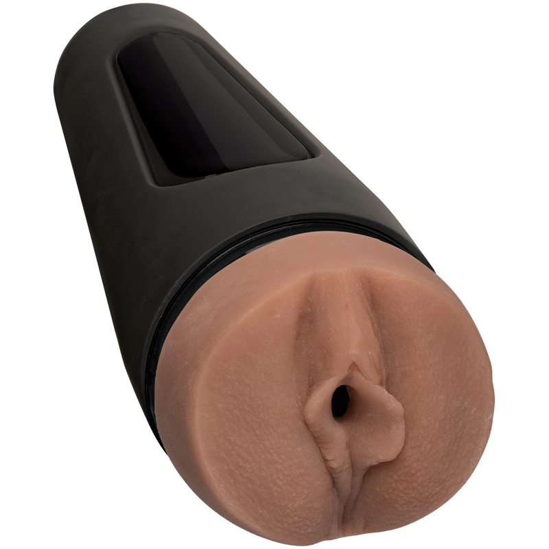Doc Johnson Main Squeeze Honey Gold: Ultraskyn masturbator with a realistic vulva opening in a black squeezable case
