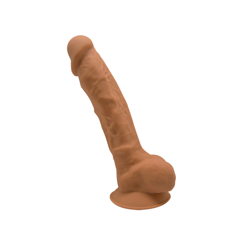 Adrien Lastic CNEX Model 1 7 in dildo: medium tan silicone realistic dildo with a veined shaft, balls and suction cup base