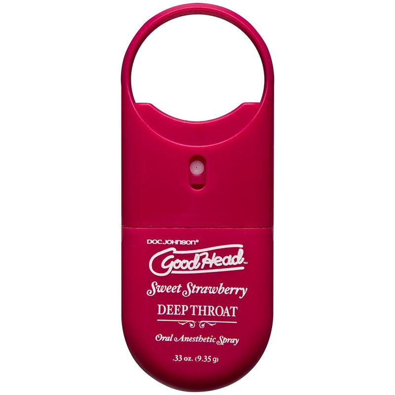 Doc Johnson GoodHead Deep Throat Spray To-Go in Sweet Strawberry: red pocket oral anesthetic spray with a loop, 0.33 oz