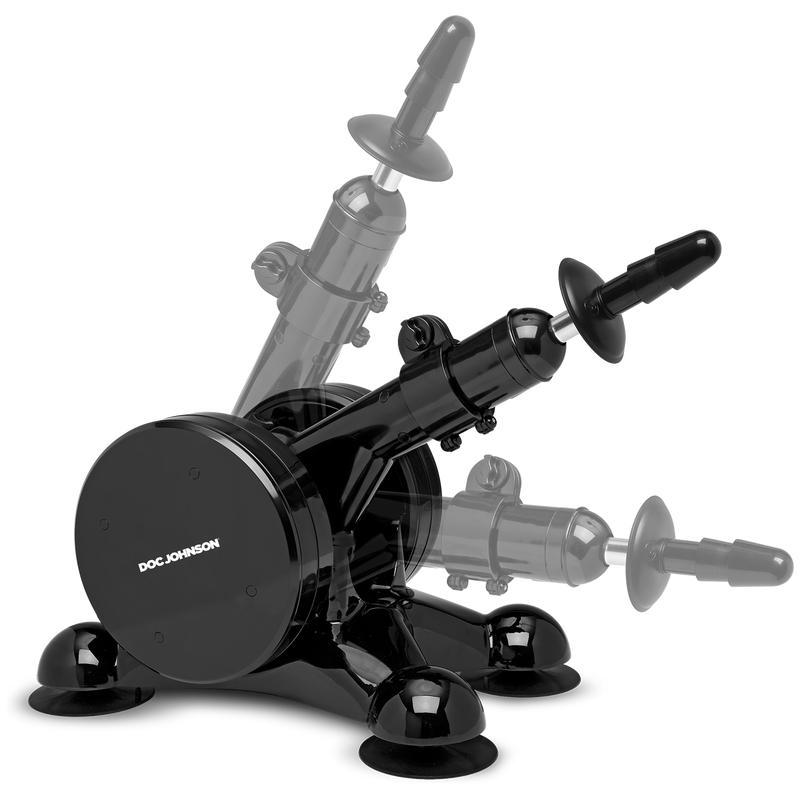 Doc Johnson Merci Power Banger: black sex machine with Vac-U-Lock attachment and suction feet, shown at three angles