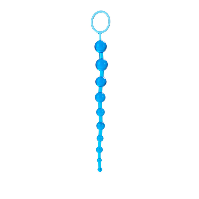 CalExotics X-10 Beads in blue: translucent jelly anal beads with ten graduated beads and a ring pull