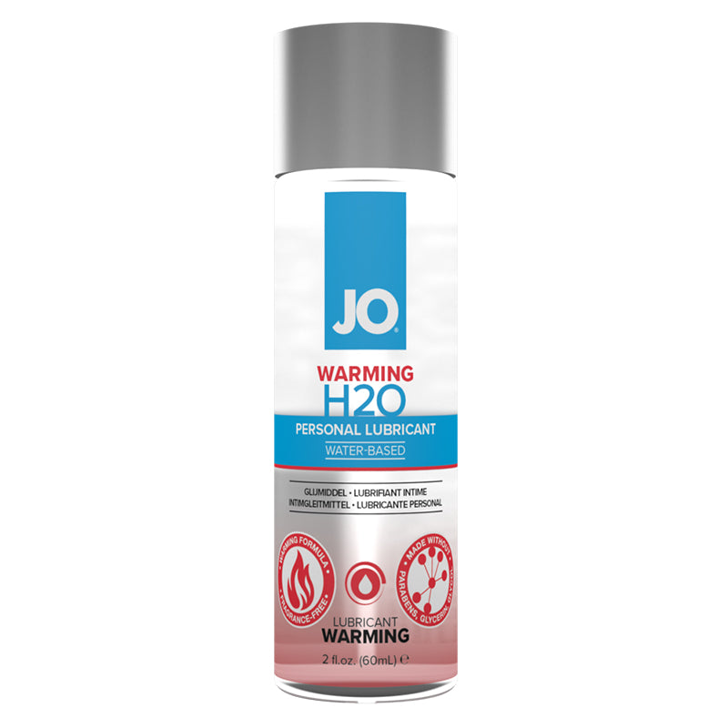 JO H2O Warming, 2 oz: water-based warming lubricant in a clear bottle with a blue and red label