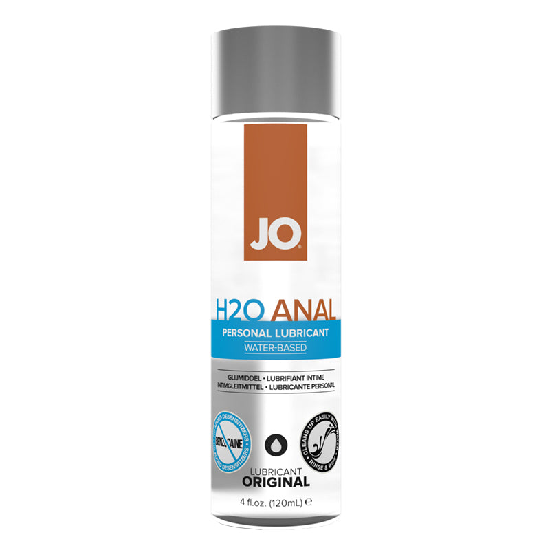 JO H2O Anal Original, 4 oz: water-based anal lubricant in a clear bottle with an orange and blue label