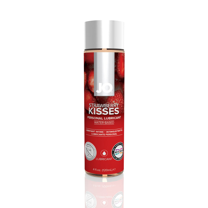JO H2O Strawberry Kisses, 4 oz: water-based flavored lubricant in a clear bottle with a red strawberry label