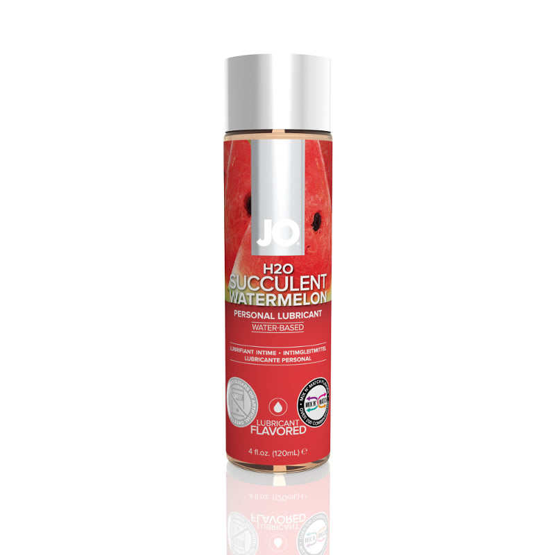 JO H2O Succulent Watermelon, 4 oz: water-based flavored lubricant in a clear bottle with a red watermelon label