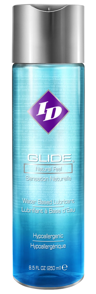 ID Glide: hypoallergenic water-based lubricant in an 8.5 fl oz (250 ml) blue bottle with a silver cap
