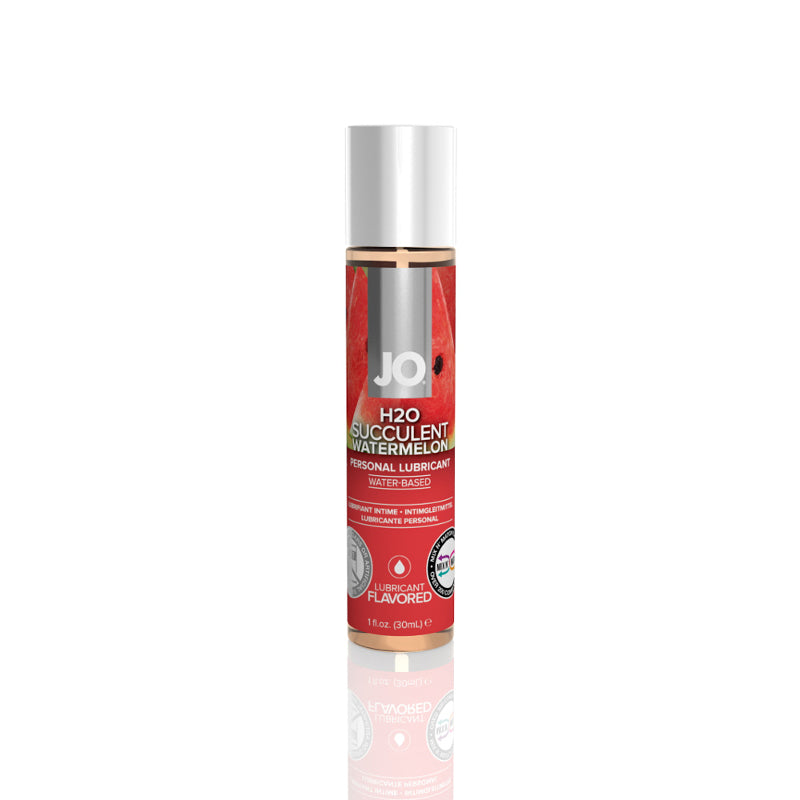 JO H2O Succulent Watermelon, 1 oz: water-based flavored lubricant in a small clear bottle with a red watermelon label