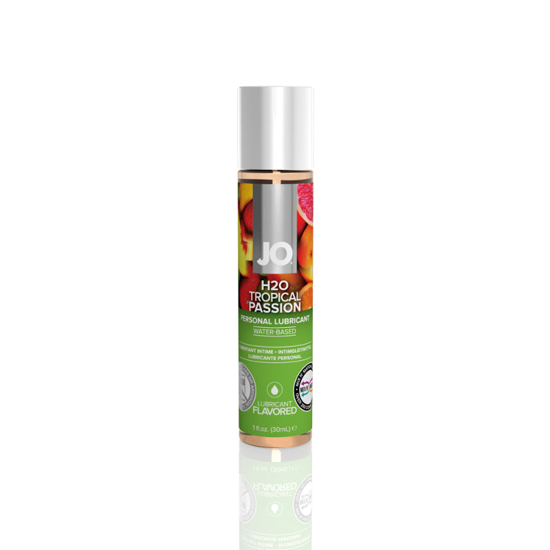 JO H2O Tropical Passion, 1 oz: water-based flavored lubricant in a small clear bottle with a fruit and green label