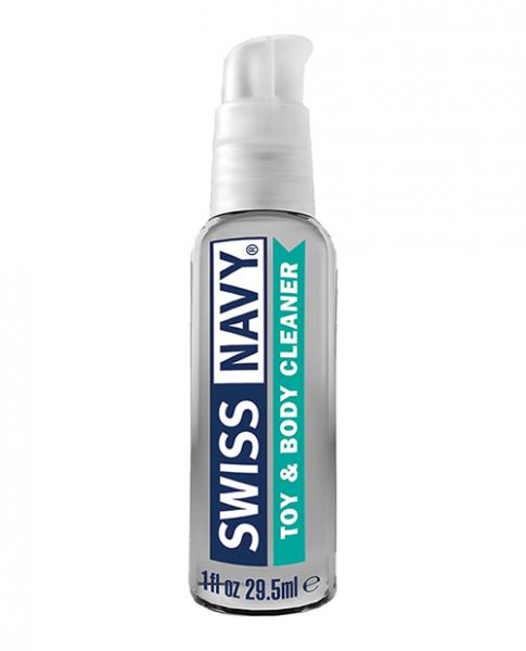 Swiss Navy Toy and Body Cleaner: 1 fl oz (29.5 ml) pump bottle with a navy and teal label