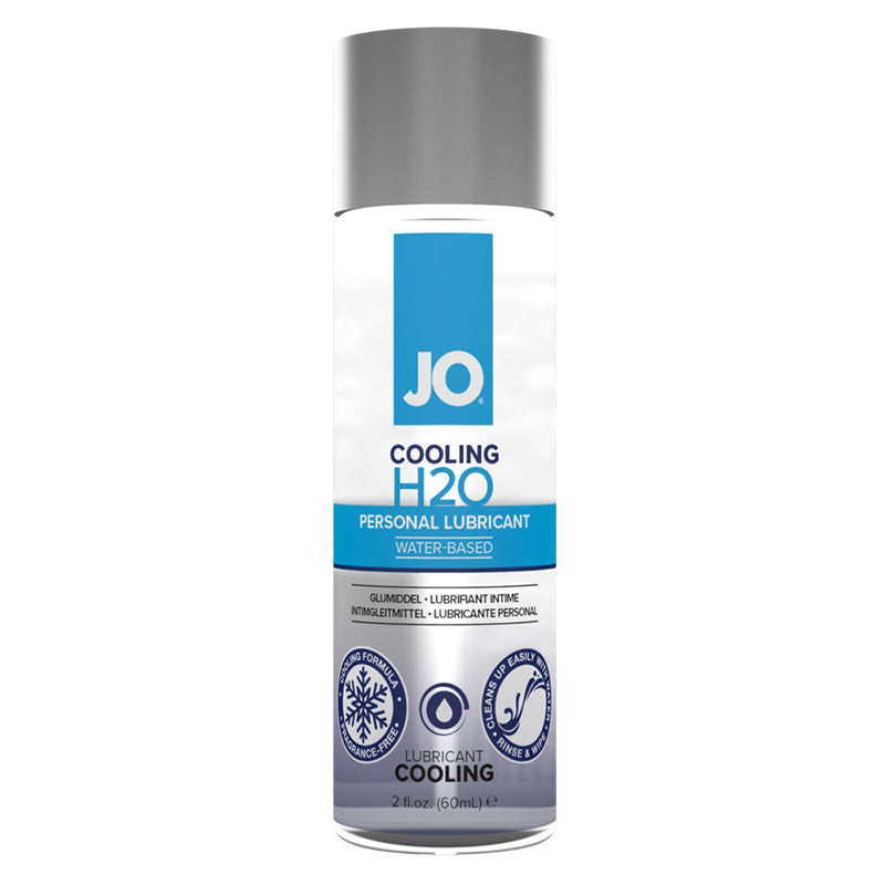 JO H2O Cooling, 2 oz: water-based cooling lubricant in a clear bottle with a blue label and snowflake icon