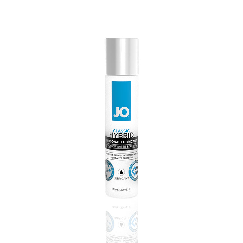 JO Classic Hybrid, 1 oz: water and silicone hybrid lubricant in a small white bottle with a blue and black label