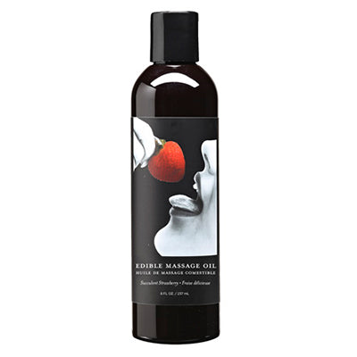 Earthly Body Edible Massage Oil in Succulent Strawberry: black bottle with a strawberry and lips label