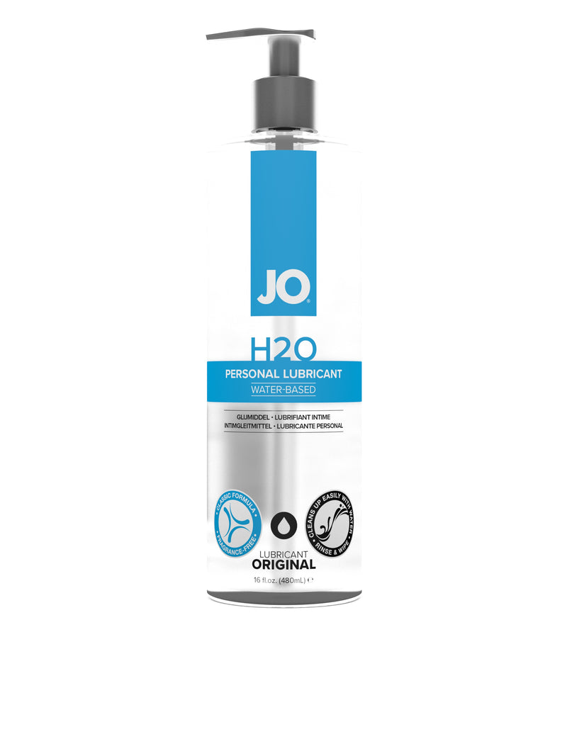 JO H2O Original, 16 oz: water-based lubricant in a clear pump bottle with a blue label