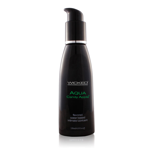 Wicked Aqua Candy Apple: flavored water-based lubricant in a 4 fl oz (120 ml) black pump bottle