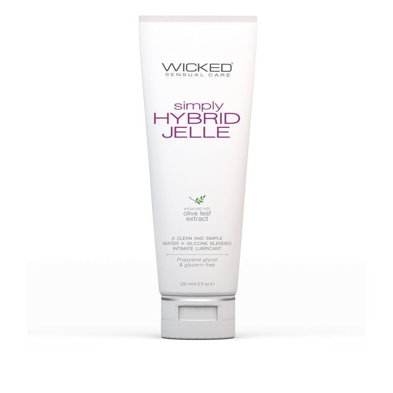 Wicked Simply Hybrid Jelle water and silicone blend lubricant: white 4 oz (120 ml) squeeze tube with olive leaf extract