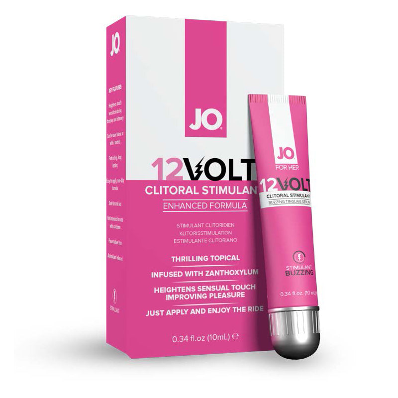 JO 12 Volt Clitoral Stimulant, 0.34 oz (10 ml): buzzing gel in a pink tube with a silver tip beside its pink box