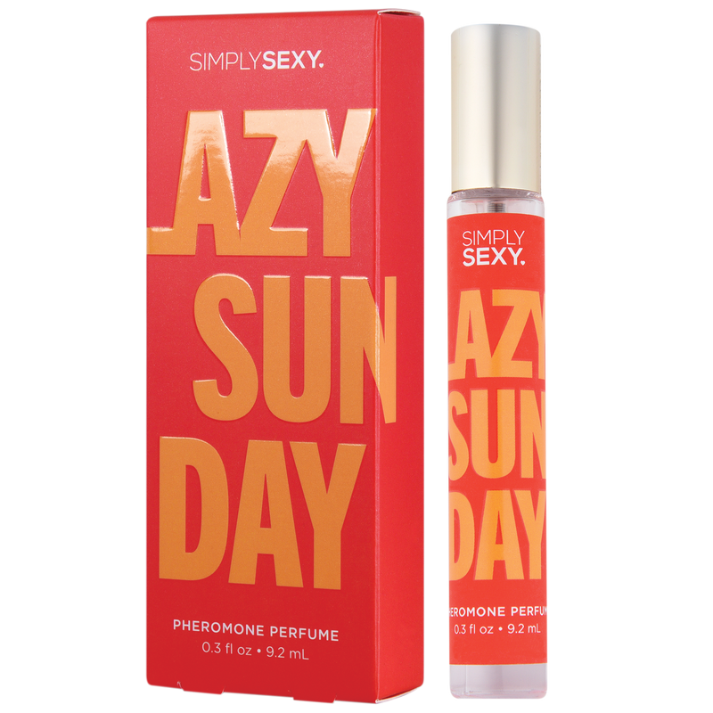 Simply Sexy Lazy Sunday Pheromone Perfume, 0.3 oz: spray bottle beside its red and orange box