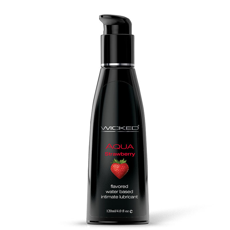 Wicked Aqua Strawberry: flavored water-based lubricant in a 4 fl oz (120 ml) black pump bottle