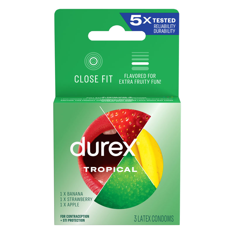 Durex Tropical latex condoms, 3 pack: green box with fruit graphics, close fit, 1 banana, 1 strawberry and 1 apple