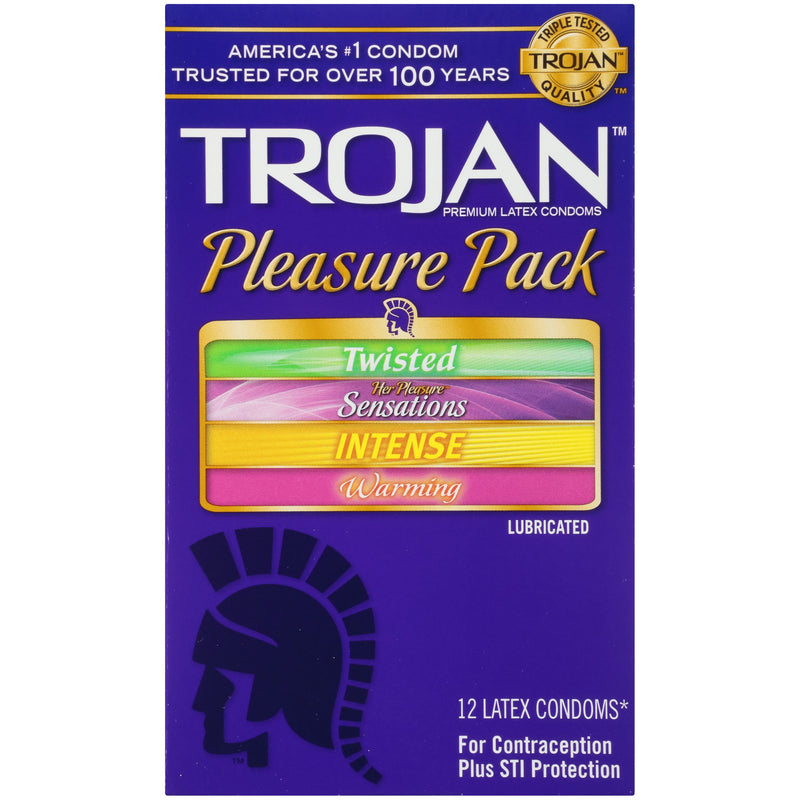 Trojan Pleasure Pack latex condoms, 12 pack: purple box with Twisted, Her Pleasure Sensations, Intense and Warming