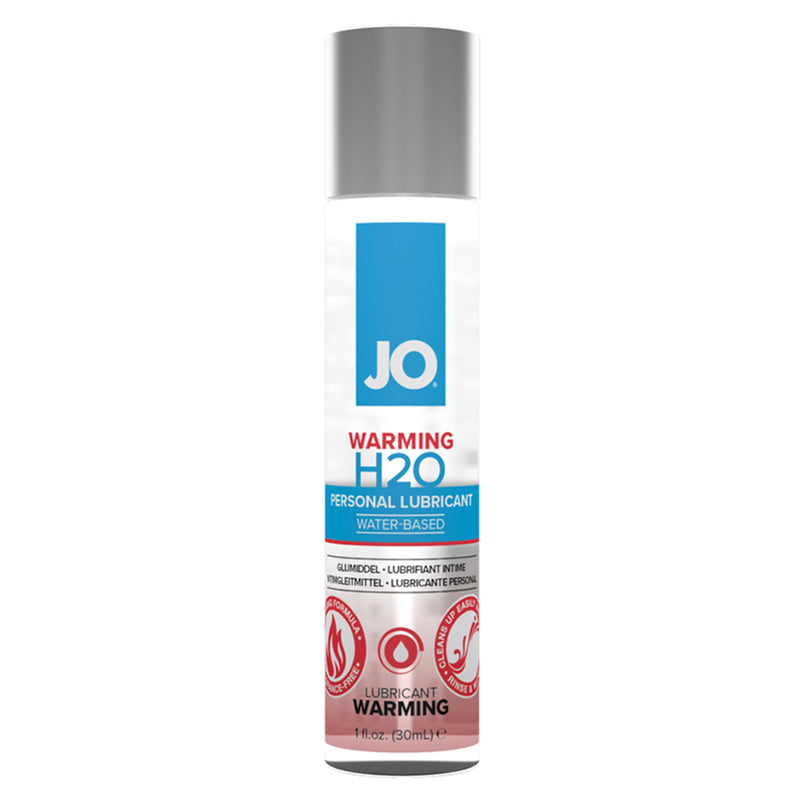 JO H2O Warming, 1 oz: water-based warming lubricant in a clear bottle with a blue and red label