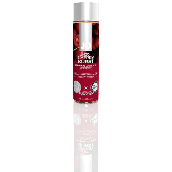 JO H2O Cherry Burst, 4 oz: water-based flavored lubricant in a clear bottle with a red cherry label