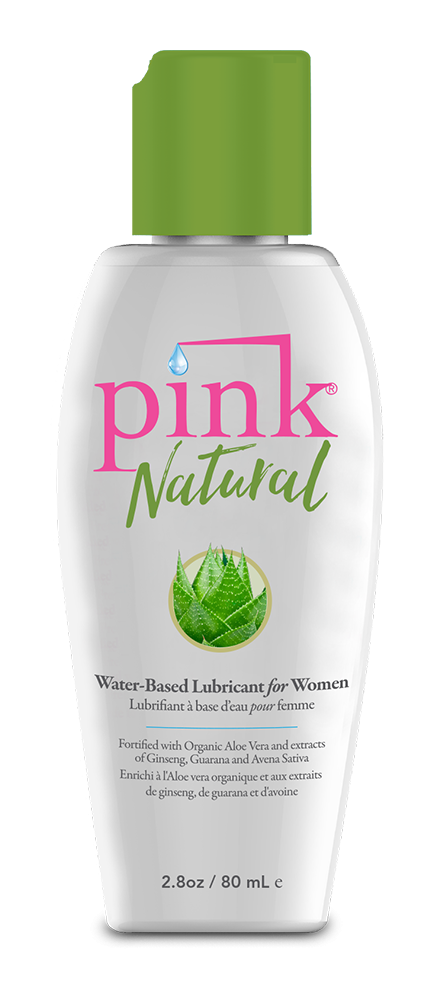 Pink Natural water-based lubricant with organic aloe: 2.8 oz (80 ml) white bottle with a green flip cap