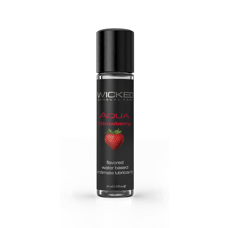 Wicked Aqua Strawberry: flavored water-based lubricant in a 1 fl oz (30 ml) black bottle