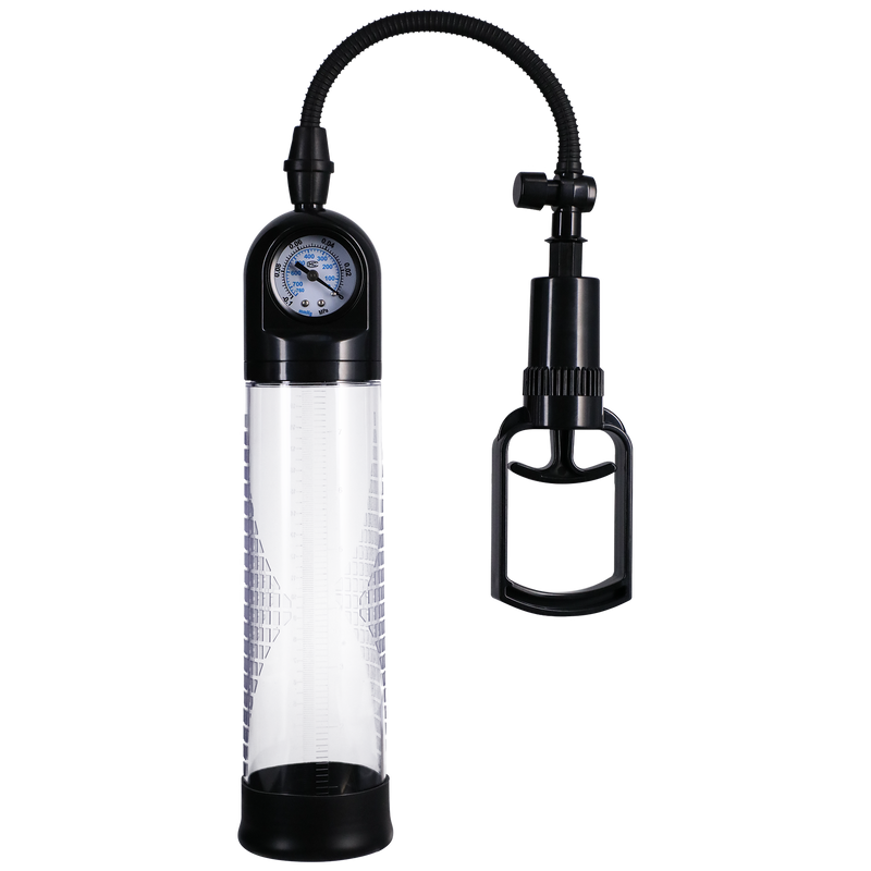 Doc Johnson Rock Solid Boost It: clear penis pump cylinder with a pressure gauge, hose and trigger hand pump