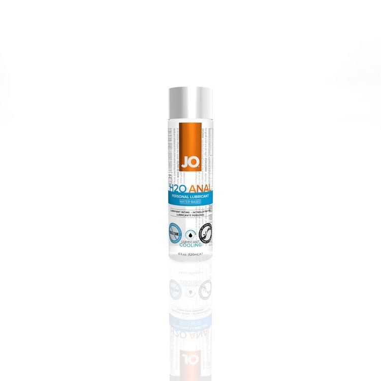 JO H2O Anal Cooling: water-based cooling anal lubricant in a clear bottle with an orange and blue label