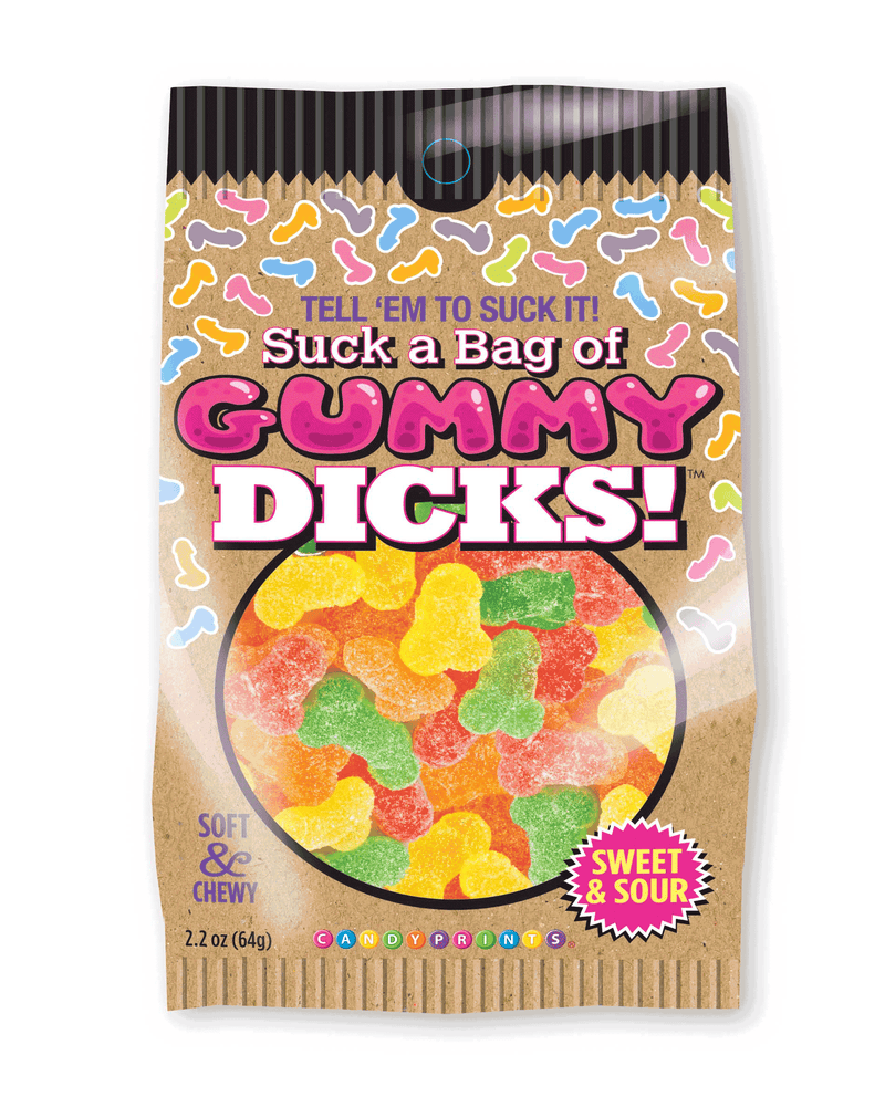 Little Genie Suck a Bag of Gummy Dicks: 2.2 oz (64 g) bag of soft sweet and sour penis-shaped gummies. Tell 'em to suck it