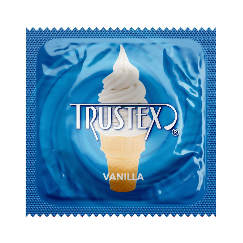 Trustex Vanilla flavored latex condom: single blue wrapper with a soft-serve ice cream cone