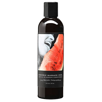 Earthly Body Edible Massage Oil in Juicy Watermelon: black bottle with a watermelon slice label