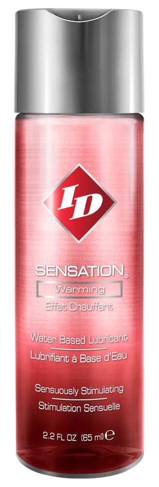 ID Sensation: warming water-based lubricant in a 2.2 fl oz (65 ml) red bottle with a silver cap