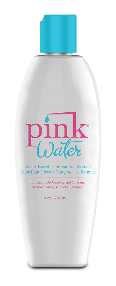 Pink Water water-based lubricant for women: 8 oz (237 ml) white bottle with a turquoise flip cap