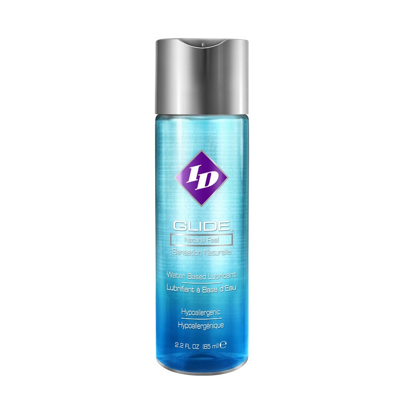 ID Glide: hypoallergenic water-based lubricant in a 2.2 fl oz (65 ml) blue bottle with a silver cap