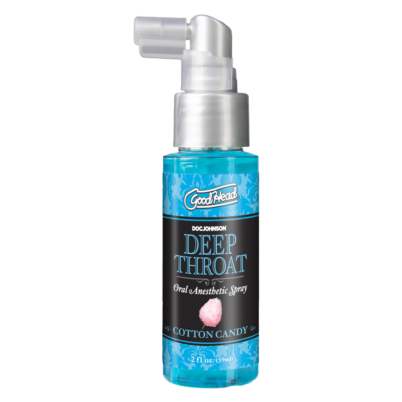 Doc Johnson GoodHead Deep Throat Spray in Cotton Candy: oral anesthetic spray, 2 fl oz (59 ml) blue pump bottle