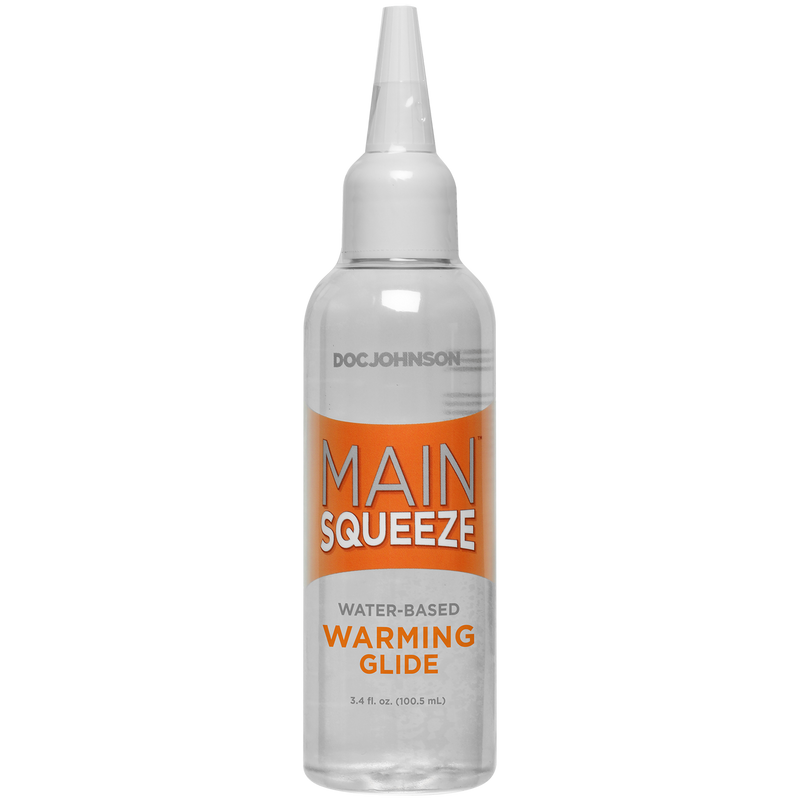 Doc Johnson Main Squeeze Warming Glide: water-based warming lubricant, 3.4 fl oz (100.5 ml) bottle with an orange label