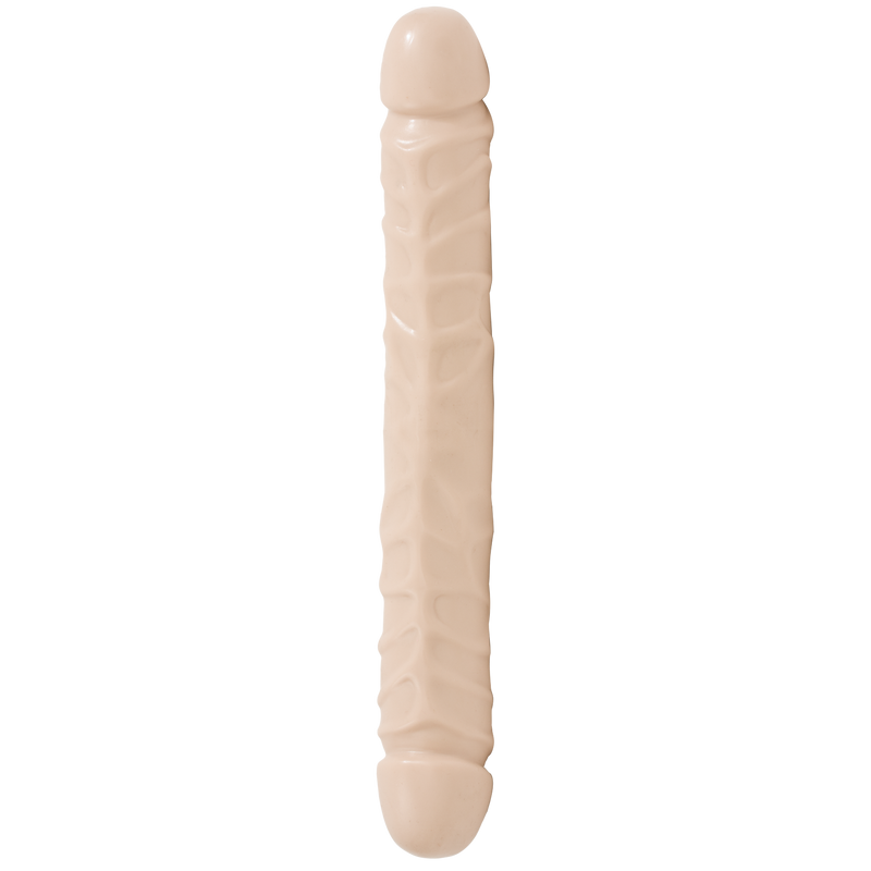 Doc Johnson Jr. Veined Double Dong 12 in: double-ended dildo in a light skin tone with a veined shaft