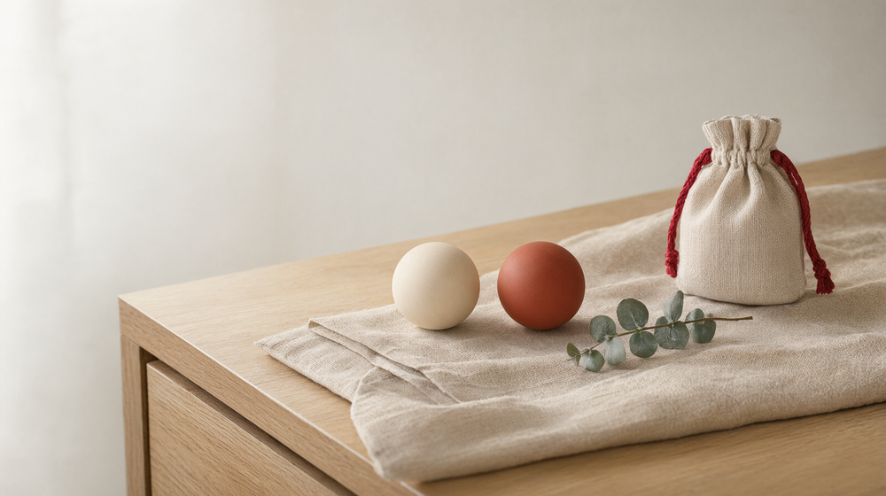 Cream and terracotta ceramic spheres on folded linen with a red-drawstring pouch and eucalyptus, a ben wa balls still life