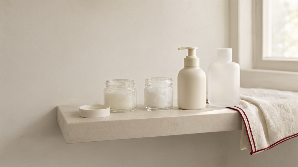 Petroleum jelly, coconut oil, lotion and a lube bottle on a bathroom shelf: can you use Vaseline as lube?