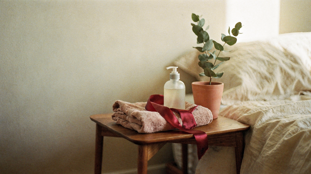 A bedside table with a frosted pump bottle, blush towel, red ribbon and eucalyptus, set up for using a rabbit vibrator