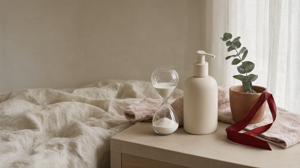 A nightstand beside a rumpled linen bed, with an hourglass, a plain pump bottle, a blush towel and eucalyptus in a clay cup