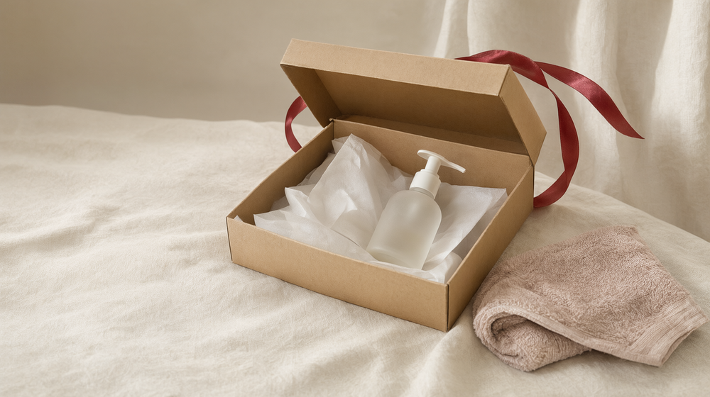 An open kraft-paper box lined with white tissue holds a plain frosted pump bottle, beside a blush towel and red ribbon.